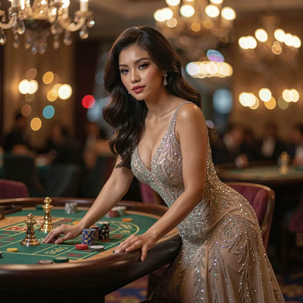 Elegant female player in a luxury casino atmosphere standing by a roulette table with glowing lights at MAHA24 casino in Indonesia